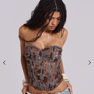 JADED LONDON Cibele Floral Chiffon Sheer Woven Frayed Mesh Corset Top